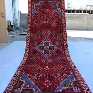 1960s Antique 10 ft Runner Rug 3&#39;7x10 Afghan Wide Runner rug, Tribal Red Rug, Turkmen Handmade Wool rug, Oriental Vintage Hallway Runner rug