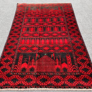 Red Vintage Prayer rug, 3x4 ft Afghan Handwoven Wool Area rug, Oriental Turkmen Rug, Antique Muslim Prayer rug 80x120 cm Bedroom, Office Rug