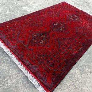 Afghan Vintage rug 2'6x4'5 ft Hand-knotted High Pile Soft Wool Carpet Khal Muhammadi Area rug, Antique Turkmen Bukhara Red rug, Oriental Rug image 4