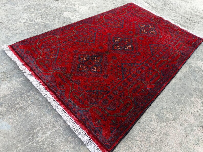 Afghan Vintage rug 2'6x4'5 ft Hand-knotted High Pile Soft Wool Carpet Khal Muhammadi Area rug, Antique Turkmen Bukhara Red rug, Oriental Rug image 4
