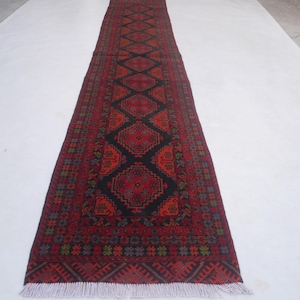 1990s Antique 3x14 Turkmen Tribal Caucasian Runner, 2'8x13'7 ft Black Red Orange Rug, Afghan Oriental Rug, Hallway 14 ft Runner Kitchen Rug