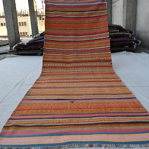 1960s Antique Faded Rug 3&#39;9x10 Afghan Kilim Runner Rug, Vintage Handmade Wool Rug Turkmen Flatweave Rug, Oriental Orange shape, Bedroom Rug