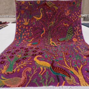 5x7 Pink Rug ( 150x200 cm) Colorful Premium Handmade Modern Pictorial Birds Tree of life Rug, Afghan Wool Rug, Home decor Rug, Kids Room Rug