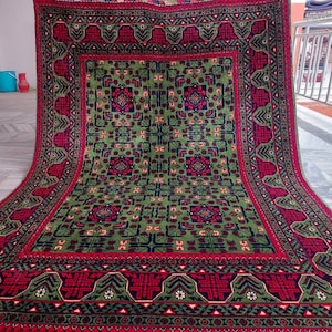 5x7 Green Bukhara Rug 5&#39;1x7 ft Top Quality Afghan Handmade Wool Area Rug 150x200 cm Large Oriental Turkmen Tribal Rug, Living Room Carpet