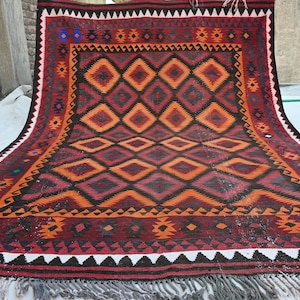 7x10 Antique Geometric Flatweave Kilim Rug, Vintage Area Rug, Afghan Rug, Oriental Turkmen Nomadic Rug, Large Bedroom Rug, Living Room Rug
