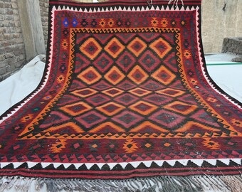 7x10 Antique Geometric Flatweave Kilim Rug, Vintage Area Rug, Afghan Rug, Oriental Turkmen Nomadic Rug, Large Bedroom Rug, Living Room Rug
