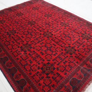 6x8 ft Large Afghan Rug, Hand Knotted Khal Muhammadi Bukhara Rug, Oriental Turkmen Tribal Rug, Red Living room Rug, Dining Table Carpet