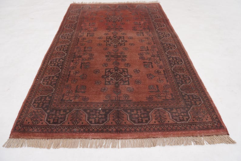 Antique Terracotta Rug 3'4x5'3" Turkmen Bukhara Rug, Handmade Afghan Wool Rug, Bedroom Rug, Office Rug, Kitchen Rug, Tribal Rug image 12