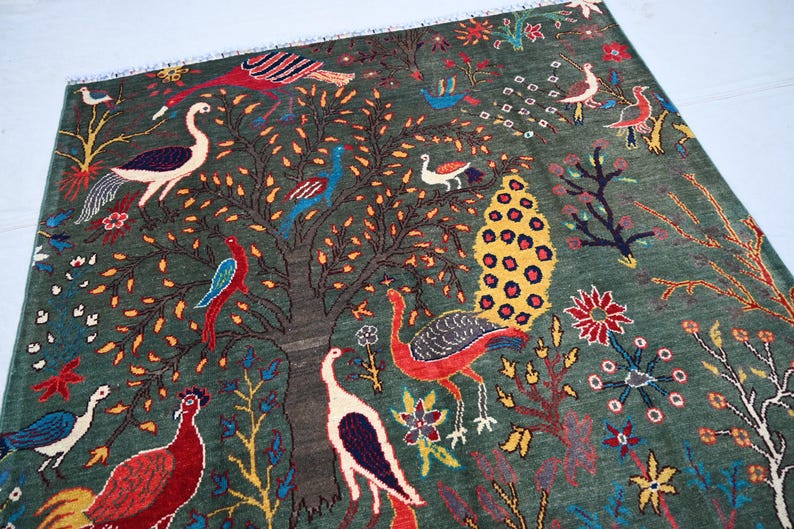 5x7 Afghan Green Pictorial Rug, Top Quality Handmade Wool Rug 150x200