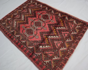 3&#39;3x4&#39;9 ft Handmade Afghan Antique Cushion Cover Rug Hand Knotted Wool Turkmen Old faded Cover Rug, Oriental Rug Home Decor Pillow Cover Rug
