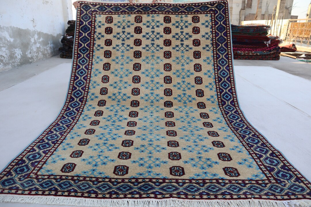 5x7 White Mowri Bukhara Rug, Afghan Handmade Wool Area Rug 150x200 Cm ...