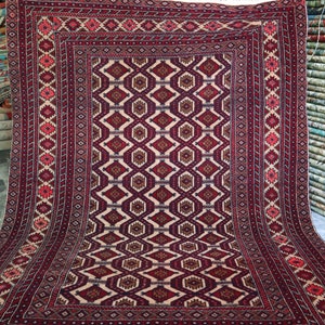 Beige Antique Rug 4&#39;4x5&#39;6 Afghan Handmade Wool rug, Vintage Area Rug, Turkmen Tribal Rug, Bedroom Rug, Living Room, Office Rug