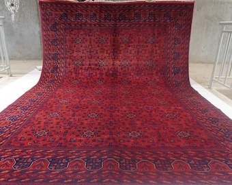 9x12 Afghan Large Mowri design Vintage Rug 9'1x12'4 ft Turkmen Handmade Wool Oriental Tribal Rug, Bedroom Rug, Dining Table, Living Room Rug