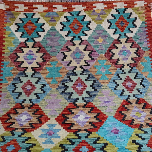 5x6 Afghan Kilim Rug 4'5x5'9 ft Handmade Wool Flatweave, Natural Veg dyes Turkmen Oriental Rug, Red Blue Turquoise Beige Living room Bedroom