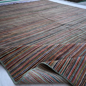 Striped Rug 8x12 Handmade Rug, Wool Rug, Afghan Multi Colors Rug, Turkmen Tribal Rug, Bedroom Rug, Living Room Rug, Oriental Living Room Rug