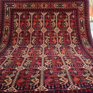 5x7 ft. Vintage Afghan Rug, Turkmen Ala Bakhmal design Bukhara Rug, Handmade Wool Area Rug, Tribal Tekke Rug, Oriental Authentic Genuine Rug