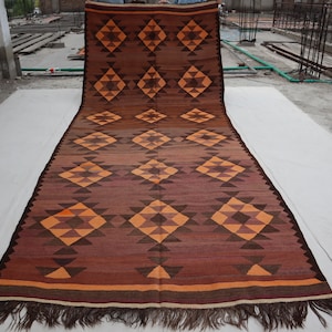 1960s Antique Faded Rug 6x15 Afghan Kilim Wide Runner Rug, Vintage Handmade Wool Rug, Geometric Flatweave Oriental Brown Rug, Hallway Runner