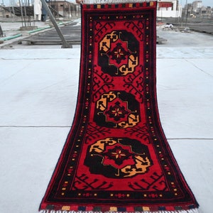 Red 2x5 Afghan Bukhara runner rug, Handmade wool rug, Turkmen Ersari 5 ft Runner Rug, Elephant foot Oriental Floor, Kitchen, Hallway runner