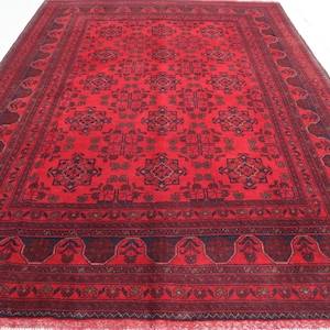 6x8 ft Large Afghan Rug, Hand Knotted Khal Muhammadi Bukhara Rug, Oriental Turkmen Tribal Rug, Red Living room Rug, Dining Table Carpet