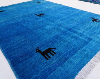 Blue Area Rug 5'0x6'9 ft Afghan Handmade Wool Rug, Black Pictorial Gabbeh Rug, Blue Natural Dyes rug, Living Room Rug, Kids Room, Office Rug