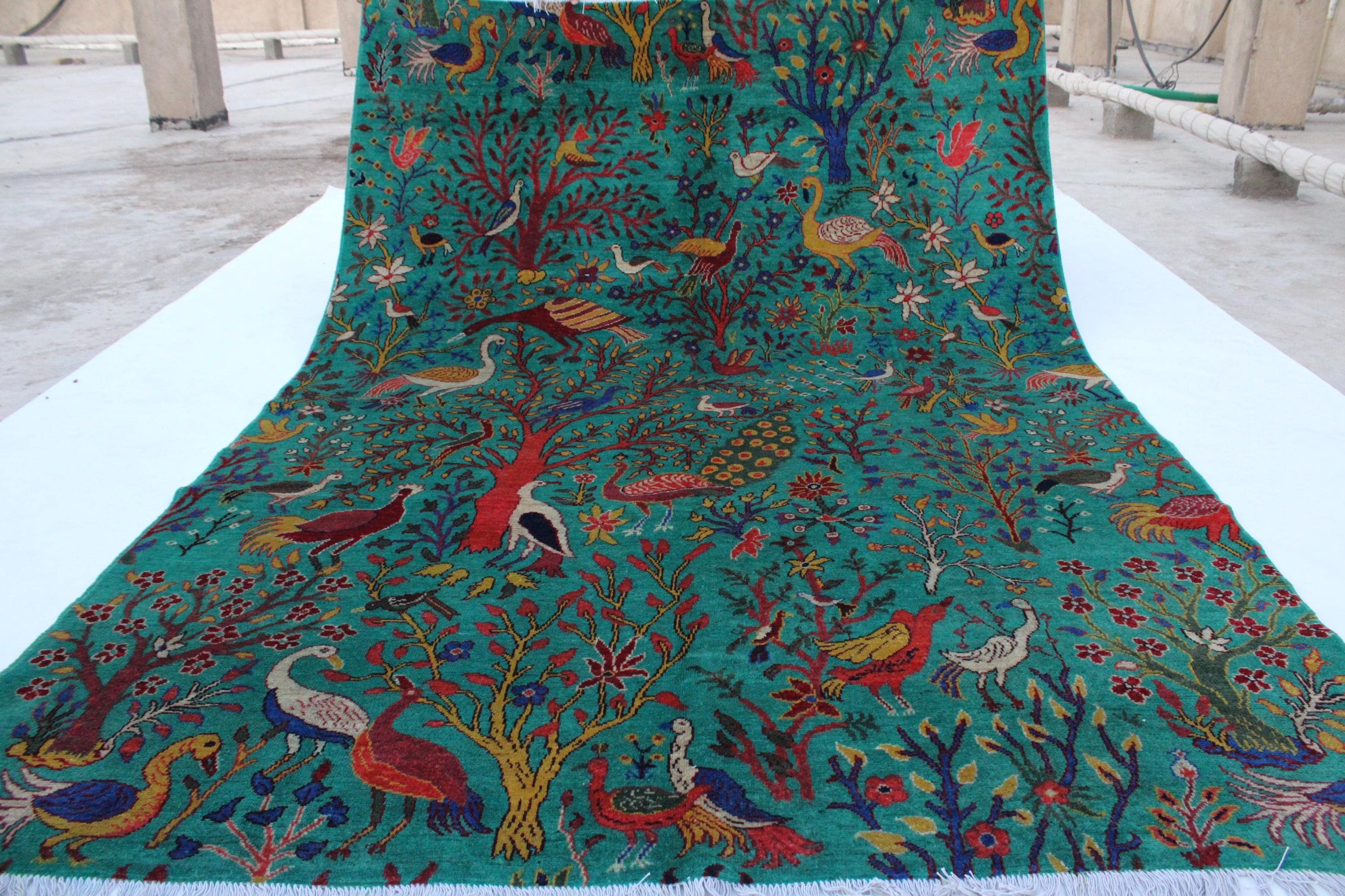 7x10 Turquoise Pictorial Rug, Top Quality Afghan Handmade Wool Area Rug, Birds Trees Peacocks Art Rug, Oriental Turkmen Tribal Kids Room Rug