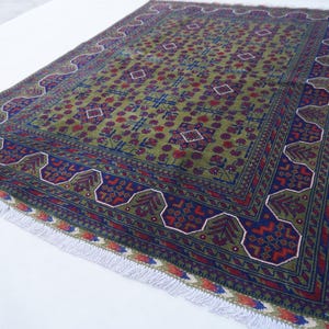 5x7 Green Rug, Afghan Handmade Wool Rug, Turkmen Tribal Bukhara Rug, Vintage Pattern Oriental Rug, Kitchen, Bedroom Rug, High Pile Soft Rug