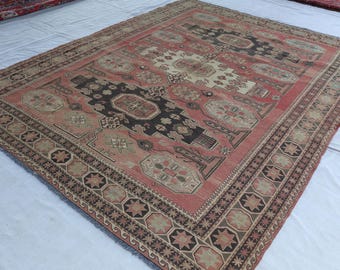 1920s Antique Rug 7x9 Handwoven Turkmen Wool Rug, Terracotta Distressed Faded Area rug, Flatweave Malaki Kilim Rug Tribal rug, Bedroom Rug