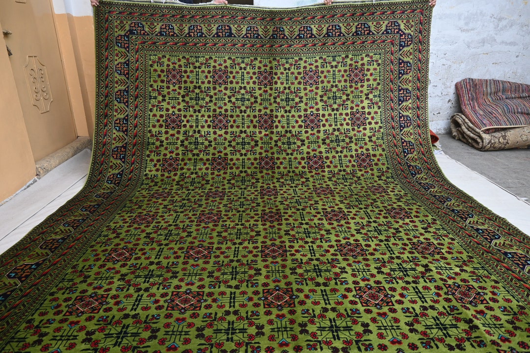 Light Green Bukhara Rug 12x8 Top Quality Afghan Handmade Wool Area Rug 250x350 Cm Large Oriental