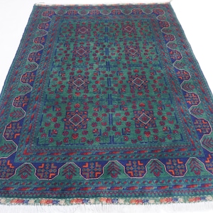 Afghan Rug 5x7 Dark Green Rug Handmade Wool Area Rug Top Quality Turkmen Tribal Bukhara Rug 155x210 cm Oriental Soft Rug Living room Bedroom