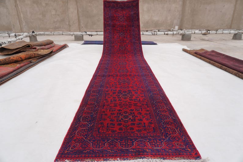 Afghan Bukhara Rug 14 ft Runner Rug, High Quality Soft Wool Stunning Turkoman Handmade Woo Rug, Hall way Runner, Khal Muhammadi Bukhara Rug image 5