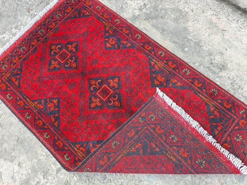 Afghan Vintage rug 2'6x4'5 ft Hand-knotted High Pile Soft Wool Carpet Khal Muhammadi Area rug, Antique Turkmen Bukhara Red rug, Oriental Rug image 15