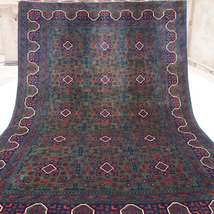 6x8 Tribal Green Rug, Afghan Bukhara Rug, Handmade Wool Rug, Turkmen Area Rug, Bedroom Rug, Green Red Blue Rug Living Room Rug, Oriental Rug