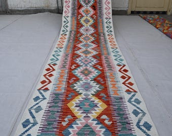 14 ft Runner rug, Flatweave Kilim rug, 2'8x13'5" Afghan Handmade Wool Rug, Oriental Turkmen Tribal Maimana Kilim Rug Wide Hallway Runner Rug