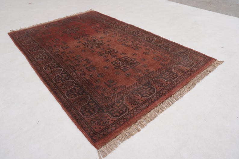 Antique Terracotta Rug 3'4x5'3" Turkmen Bukhara Rug, Handmade Afghan Wool Rug, Bedroom Rug, Office Rug, Kitchen Rug, Tribal Rug image 9