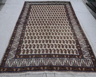 7x10 ft Afghan Vintage Rug, Turkmen Handmade Wool Area Rug, Oriental Paisley design Rug, Rug for Bedroom, Living Room, Bohemian Beige Rug