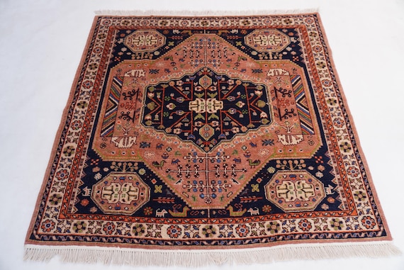5x5 Square Rug, 150x150 cm Terracotta Rug, Hand Knotted Rug, Wool Rug, Afghan Rug, Vintage Pattern Rug, Tribal Rug, Bedroom Rug Kitchen Rug