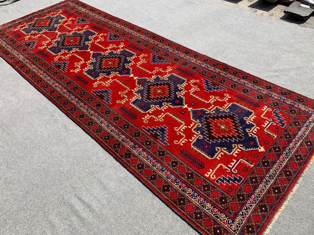 12 Ft Runner Rug, Afghan Handmade Wool Rug, Red Vintage Caucasian ...