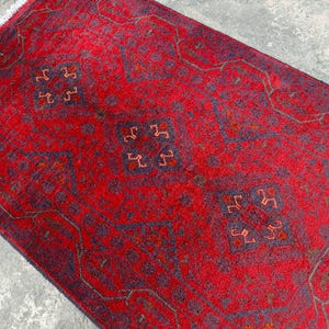 Afghan Vintage rug 2'6x4'5 ft Hand-knotted High Pile Soft Wool Carpet Khal Muhammadi Area rug, Antique Turkmen Bukhara Red rug, Oriental Rug image 11