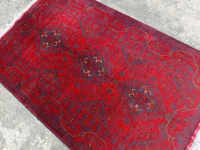 Afghan Vintage rug 2'6x4'5 ft Hand-knotted High Pile Soft Wool Carpet Khal Muhammadi Area rug, Antique Turkmen Bukhara Red rug, Oriental Rug image 11