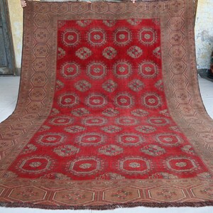 1920s Antique Rug 7x9 Handmade Wool Afghan Orange Rug, Tribal Rug, Sarique Vintage rug, Low Pile Faded Living Room Rug, Bedroom, Office Rug