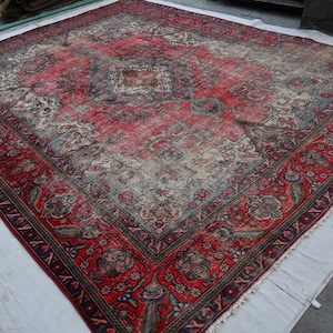 13x11 Large Red Caucasian Rug 1920s Antique Afghan Rug, Geometric Turkish Heriz Rug Handmade Low Pile Wool Rug, Authentic Turkmen Tribal Rug