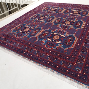 8x10 Large Afghan Rug, Hand Knotted Wool Rug, Oriental rug, Bedroom Rug, Living Room Rug, 250x310 cm Area Rug, Blue Navy Blue Red Combines