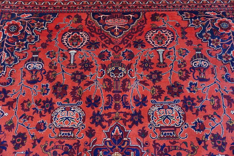 13x9 ft Large Afghan Rug, Hand Knotted Zer Khaki Geometric Bukhara Rug, Oriental Turkmen Tribal Rug, Red Living room Rug Dining Table Carpet Bild 7