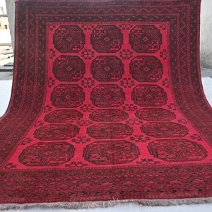 Large Vintage Rug 7x9 Hand Knotted Rug, Tekke Ersari Area Rug, Wool Rug, Oriental Rug, Geometric Pinkish Red Rug, Tribal Turkmen Bedroom Rug