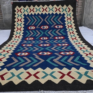 7x10 Blue Area Rug 6&#39;7x10 ft Handmade Wool Rug, Afghan Green Rug, Flatweave Kilim Rug, Geometric Gabbeh Rug Oriental Rug, Living Room Rug