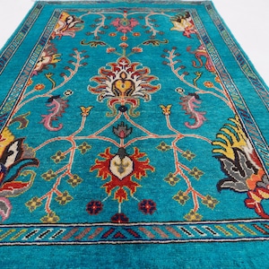3x5 Turquoise Afghan Rug, Handmade Rug, Fine Wool Rug, Floral Bijdar Rug, Stunning Turkmen Tribal Vintage Pattern Rug, Oriental Nomadic rug