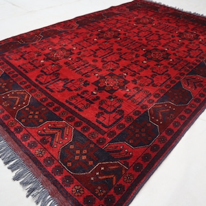 Turkmen Bukhara Rug 4&#39;2x6&#39;6 ft Afghan Handmade Wool Rug, Tribal Vintage Rug, Red Khal Muhammadi rug, Oriental Afghan Rug, Bedroom Office rug