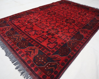 Turkmen Bukhara Rug 4'2x6'6 ft Afghan Handmade Wool Rug, Tribal Vintage Rug, Red Khal Muhammadi rug, Oriental Afghan Rug, Bedroom Office rug