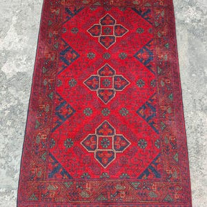 Afghan Vintage rug 2'6x4'5 ft Hand-knotted High Pile Soft Wool Carpet Khal Muhammadi Area rug, Antique Turkmen Bukhara Red rug, Oriental Rug image 5