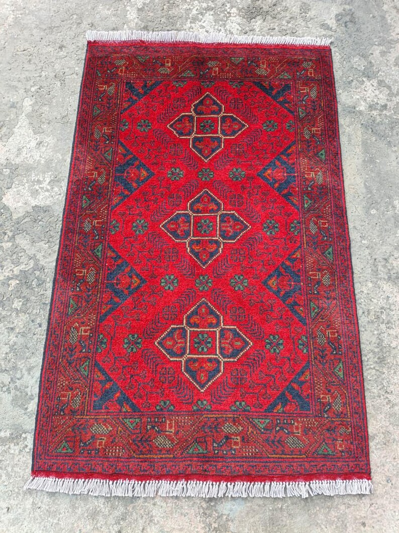 Afghan Vintage rug 2'6x4'5 ft Hand-knotted High Pile Soft Wool Carpet Khal Muhammadi Area rug, Antique Turkmen Bukhara Red rug, Oriental Rug image 5